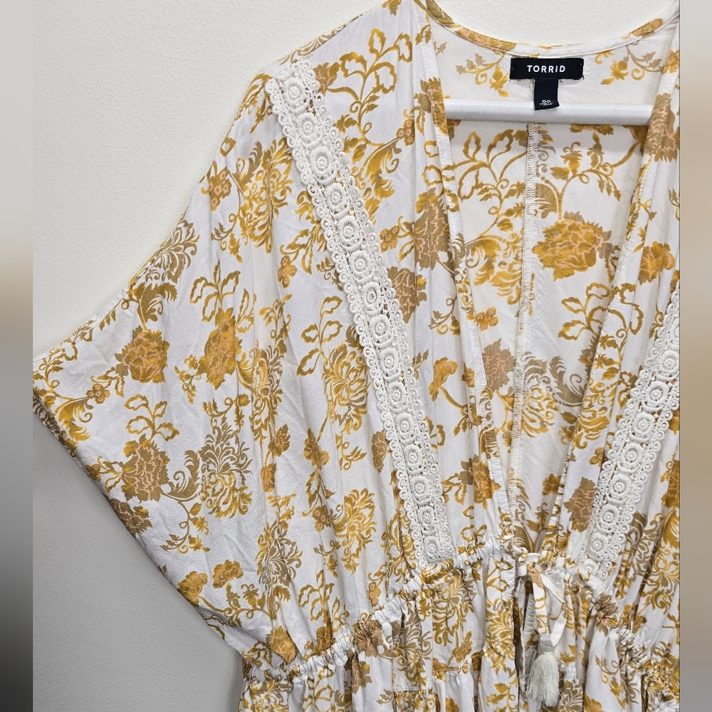 TORRID Ruffle Kimono Top Sz 00 12 14 Yellow Floral Boho Bohemian - Picture 5 of 9